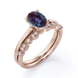 Classic 1.25 Carat Oval Cut Lab Created Alexandrite Art Deco Bridal Set In White Gold for Women