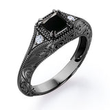 Vintage Eight Claws 1.10 Carat Princess Cut Black Diamond Three Stone Engagement Ring In White Gold