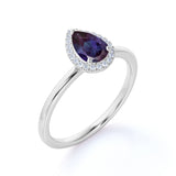 Simple Plain Shank 1.25 Carat Pear Shape Lab Alexandrite and Diamond Halo Engagement Ring for Her