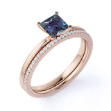 4 Prong Solitaire 1.25 Carat Princess Cut Simulated Alexandrite and Diamond Pave Bridal Set Rings