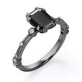 Sharp Eight Claws 1.10 Carat Emerald Cut Black Diamond Beaded Engagement Ring In White Gold