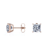 Certified 4 Carat Princess Cut Moissanite 4 Prong Solitaire Stud Earrings In 18K Rose Gold Plating Over Silver