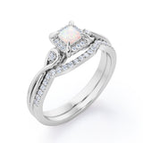 Cushion Halo Prong - 0.85 TCW Princess Cut Opal and Moissanite - Infinity Split Shank Wedding Ring Set -  White Gold