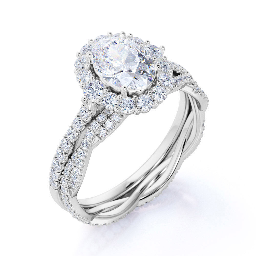 1.75 Carat Infinity Art Deco Moissanite and Diamond Snowflake Cluster Ring Oval Cut Bridal Set in Rose Gold