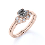 Minimalist 3 Stone 0.75 Carat Round Cut Icy Dark Grey Salt and Pepper Diamond and Curved Art Deco Band Wedding Ring Sets