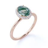 Modern Simple Solitaire 1.75 Carat Oval Cut Cloudy Milky White Moss Green Agate and Diamond Halo Engagement Ring in Rose Gold for Her