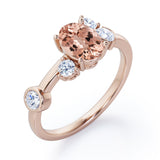 Unique 1 carat Oval Five Stone Ring With Petite Morganite and Diamond in White Gold