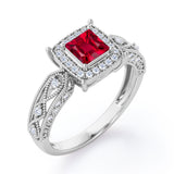 Designer Beaded 1.35 Carat Princess Cut  Lab Ruby And Diamond Halo Engagement Ring In White Gold