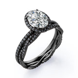 Four-Prong Halo 1.75 TCW Oval-Shaped Moissanite with Lab Created Black Diamond Pave Twisted Eternity Bridal Set in White Gold