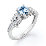 Four Prong 1.35 Carat Round Cut Aquamarine and Diamond Vintage Milgrain Engagement Ring In White Gold