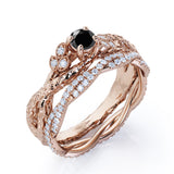 Affordable Antique Artdeco 1.10 Carat Round Lab Black Diamond Halo Wedding Ring Set in Rose Gold