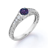 Vintage Prong Solitaire 1.25 Carat Round Cut Lab Made Purple Alexandrite and Diamond Art Deco Filigree Engagement Ring in White Gold for Her