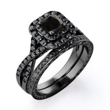 Filigree Twisted Pave 1.75 TCW Princess Cut Lab Created Black Diamond Rounded Square Double Halo Bridal Set in White Gold