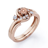 6 Prong Tension Design - 0.55 TCW Round Shaped Morganite and Moissanite - Flush Chanel Wedding Ring Set -  White Gold