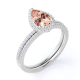 Halo 1.50 ct Pear Real Morganite Pave Bridal Set