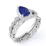 Stylish Art Deco Pave Set 2.25 Carat Pear Cut Sapphire and Diamond Halo Wedding Set with Eternity Band in White Gold