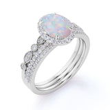 Affordable 2 Oval Ethiopian Antique Opal Ring and Halo Diamond in Trio Wedding set