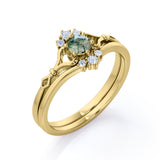 Heart Split Shank 0.6 carat Round Moss Green Agate and Moissanite Wedding Set in White Gold