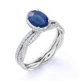 Pave Bezel Set 2 Carat Oval Cut Sapphire and Diamond Infinity Wedding Ring Set with Infinity Band in White Gold