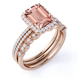 Perfect 2.25 Carat Emerald Cut Morganite and Moissanite Trio Wedding Ring Set in 18k Rose Gold over Silver
