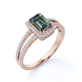 Split Shank 1.50 Carat Emerald Cut Man Made Alexandrite and Diamond Bezel Set Halo Engagement Ring