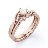Petite Pave-Channel - 0.55 TCW Rhombus Princess Cut Opal and Moissanite - Prong Tensioned Wedding Ring Set - Rose Gold