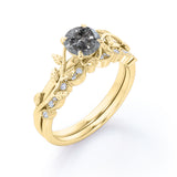 0.75 Ct Round Salt and Pepper Diamond Leaf Wedding Ring Set