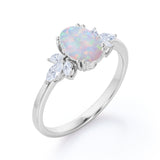 Leaf Design Eight Prongs 1.40 Carat Oval Cut Precious Fire Opal And Cubic Seven Stone Engagement Ring In Black Gold