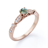 Stylish Cathedral 0.6 carat Round Green Moss Agate and Moissanite Engagement Ring in White Gold