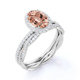 Antique 1.75 Carat oval cut Morganite and Diamond Bridal Wedding Ring Set in Rose Gold