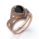 1.75 ct Pear Lab Black Diamond Milgrain Halo Wedding Ring Set