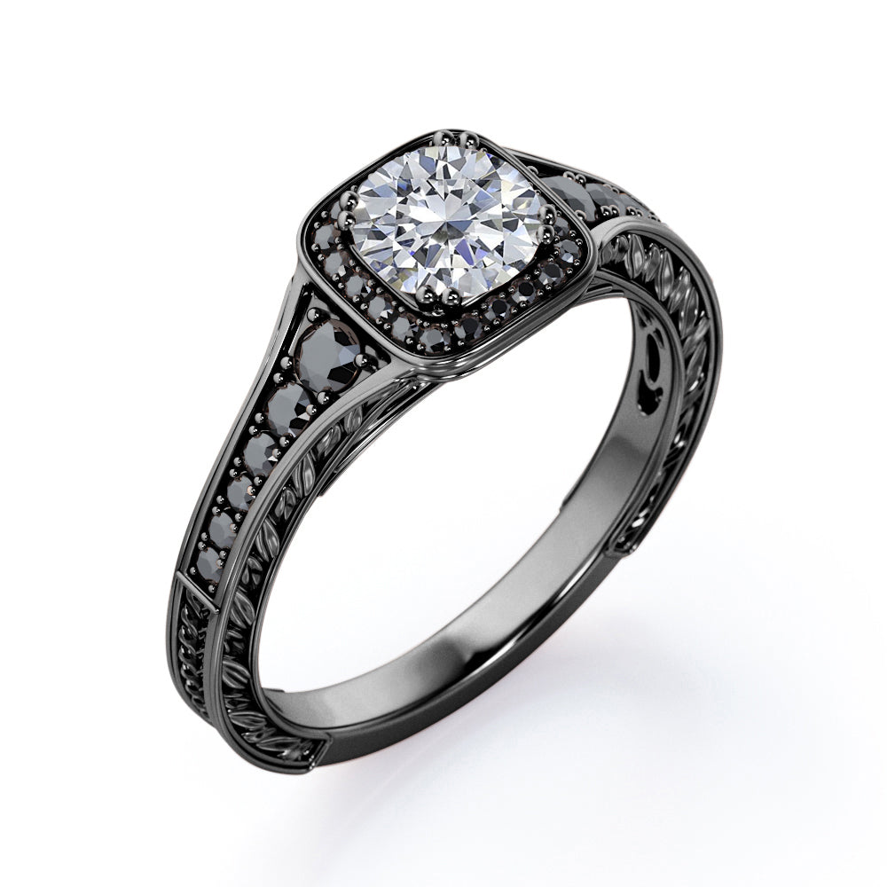 Double Prong Cluster - 1.4 TCW Round Moissanite with Lab Created Black Diamond - Filigree Pave Channel Engagement Ring in Rose Gold