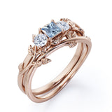 1 Carat Princess Cut Aquamarine And Diamond Leaf And Vine Wedding Ring Set In White Gold