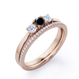 1.45 Carat Round Cut Lab Grown Black Diamond Three Stone Wedding Ring Set In White Gold