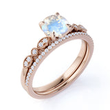 Vintage 1.25 ct Round Rainbow Moonstone Wedding Set