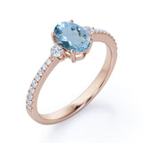 Simple 3 Stone 1.75 Carat Oval Cut Natural Deep Blue Aquamarine and Diamond Semi Eternity Pave Engagement Ring in Rose Gold for Her