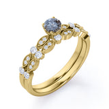 Classic 0.60 Carat Round Cut Natural Salt And Pepper Diamond Art Deco Wedding Ring Set In White Gold.