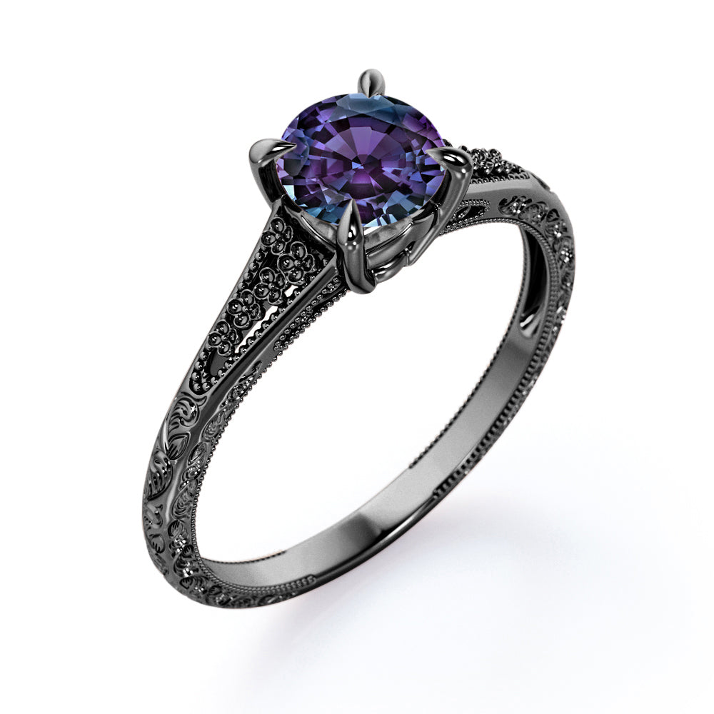 Flower Design 1 Carat Round Cut Lab Created Alexandrite Antique Milgrain Art Deco Engagement Ring In White Gold For Her