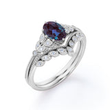 Unique Floral Design 1.50 Carat Oval Cut Lab Made Purple Alexandrite and Diamond Filigree Milgrain Wedding Ring Sets - Bridal Set Rings in White Gold for Women
