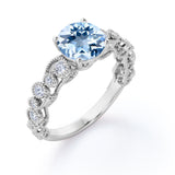 Vintage Solitaire 1.75 Carat Round Cut Vivid Deep Sea Blue Aquamarine and Diamond Milgrain Art Deco Engagement Ring in White Gold for Her