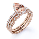 Sale: Huge 2 Carat Morganite and Diamond Flower Leaf Affordable Trio Wedding Set for Women in White Gold