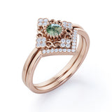 Decorated Kite Shape 0.8 carat Round Green Moss Agate and Moissanite Bridal Ring Set in White Gold