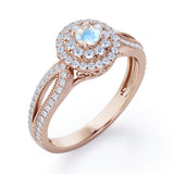 Double Halo Cluster 1.8 Carat Round-Shaped Moonstone and diamond Split-Shanked Milgrain Pave Engagement Ring in Rose Gold