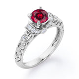 Unique Four Prong 1.15 Carat Round Cut Lab-Created Ruby And Diamond Art Deco Engagement Ring In White Gold