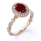 Vintage Halo 1.35 Carat Oval Cut  Lab Ruby And Diamond Art Deco Engagement Ring In Rose Gold
