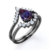 Tiara Design 1.40 Carat Pear Cut Lab Created  Alexandrite And Diamond Three Prong Unique Wedding Ring Set In White Gold
