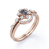 Modern Cluster 0.75 Carat Round Cut Dendritic Black Rutilated Quartz and Diamond Snowflake Bridal Set Rings