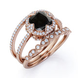 Bestselling 2 Carat Cushion cut Lab Black Diamond Halo Trio Wedding Bridal Ring Set in Rose Gold