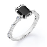 Sharp Eight Claws 1.10 Carat Emerald Cut Black Diamond Beaded Engagement Ring In White Gold