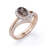 Modern Intricate Snowflake Cluster 1.50 Carat Oval Cut Solid Dendritic Black Brown Rutilated Quartz and Diamond Pave Curved Band Wedding Ring Sets for Her